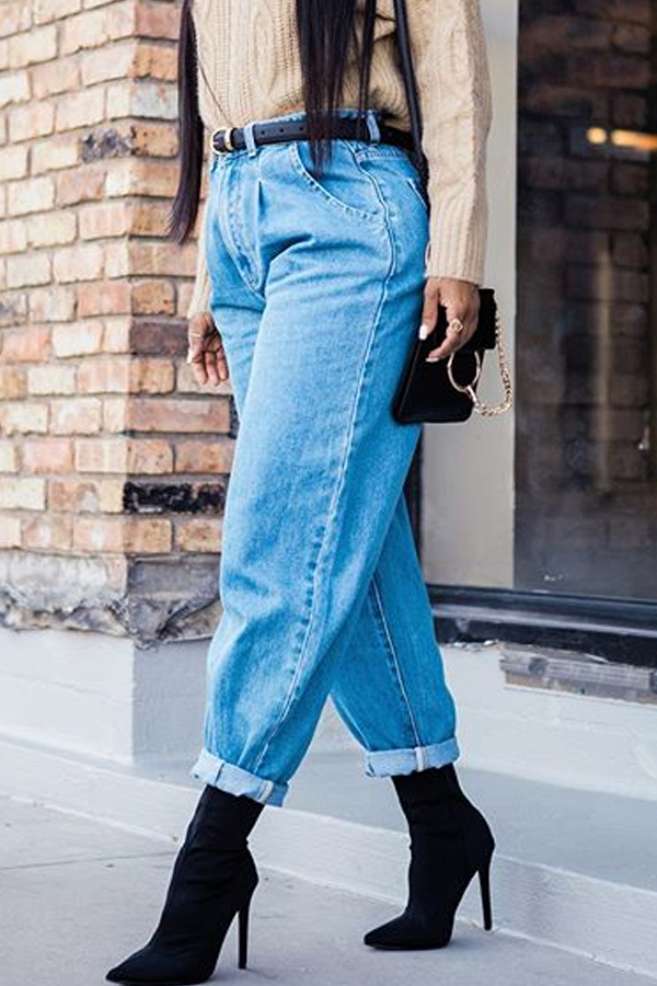 

Lovely Casual Loose Basic Baby Blue Jeans