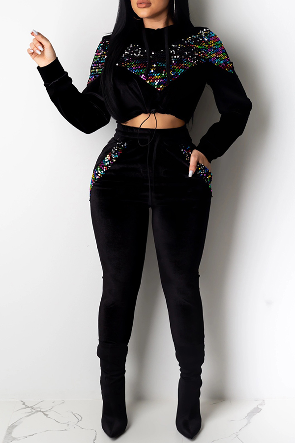 

Lovely Casual Hooded Collar Patchwork Black Two-piece Pants Set