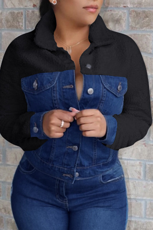 

Lovely Casual Color-lump Patchwork Black Coat