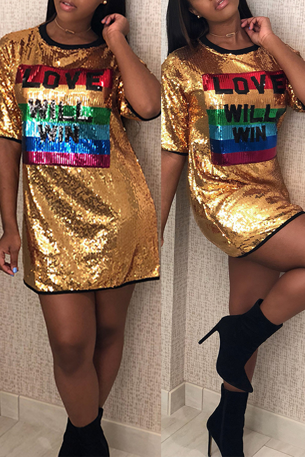 

Lovely Casual Letter Gold Mini Dress