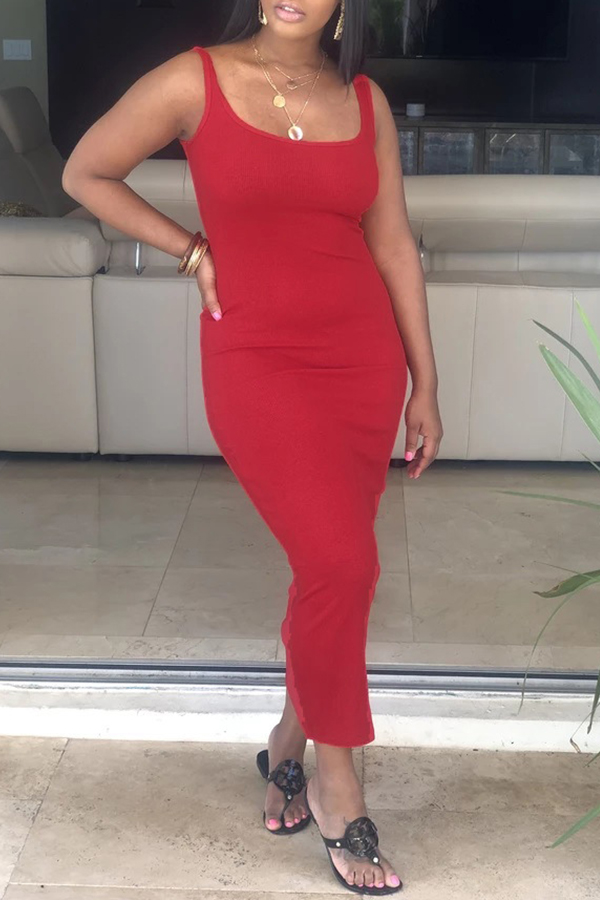 

Lovely Casual Sleeveless Skinny Red Ankle Length Dress