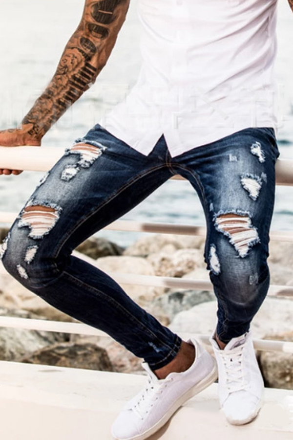 

Lovely Casual Broken Holes Deep Blue Jeans
