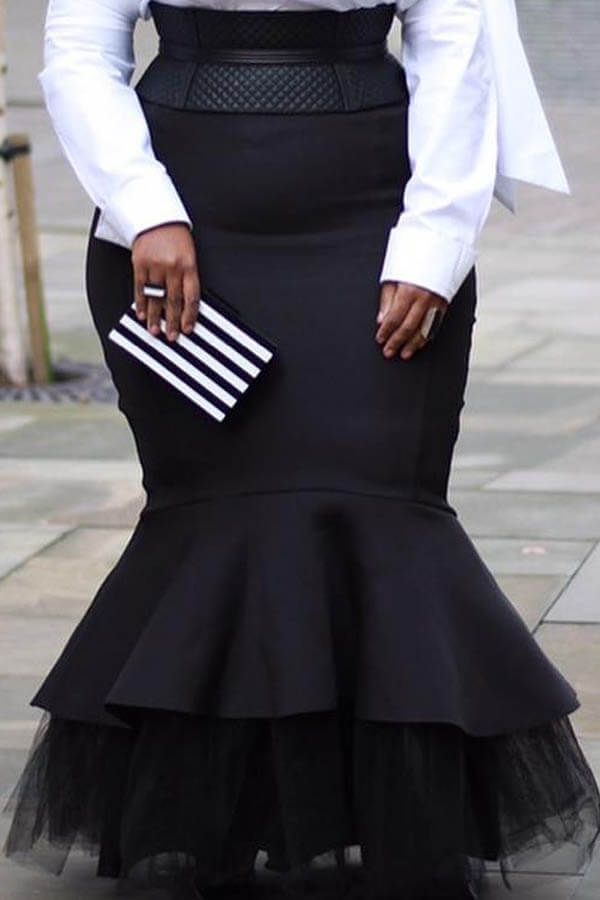 

Lovely Casual Flounce Black Plus Size Skirt(Without Belt