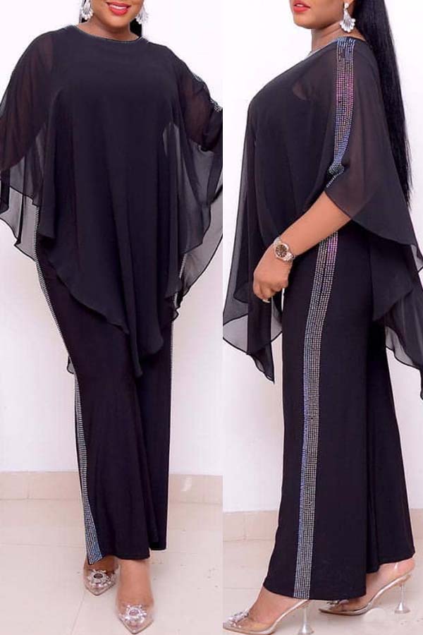

Lovely Casual Cloak Design Black Plus Size Two-piece Pants Set