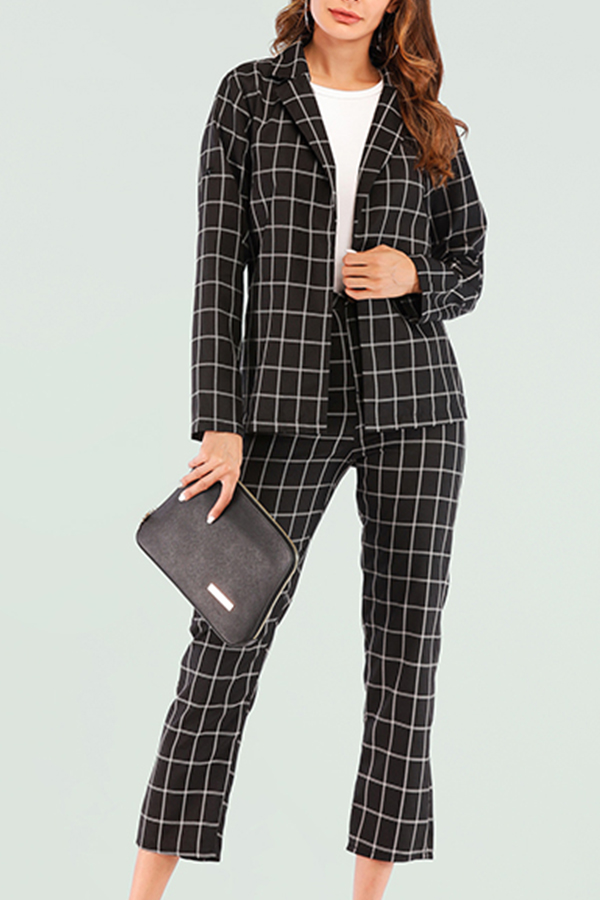 

Lovely Casual Grids Printed Black And White Two-piece Pants Set, Black & white tartan