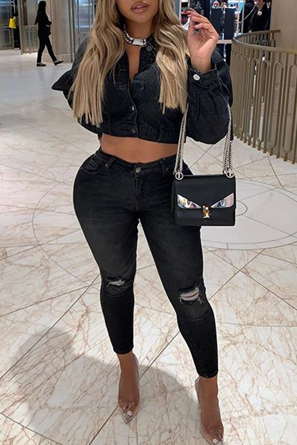 

Lovely Trendy Turndown Collar Crop Top Black Two-piece Pants Set