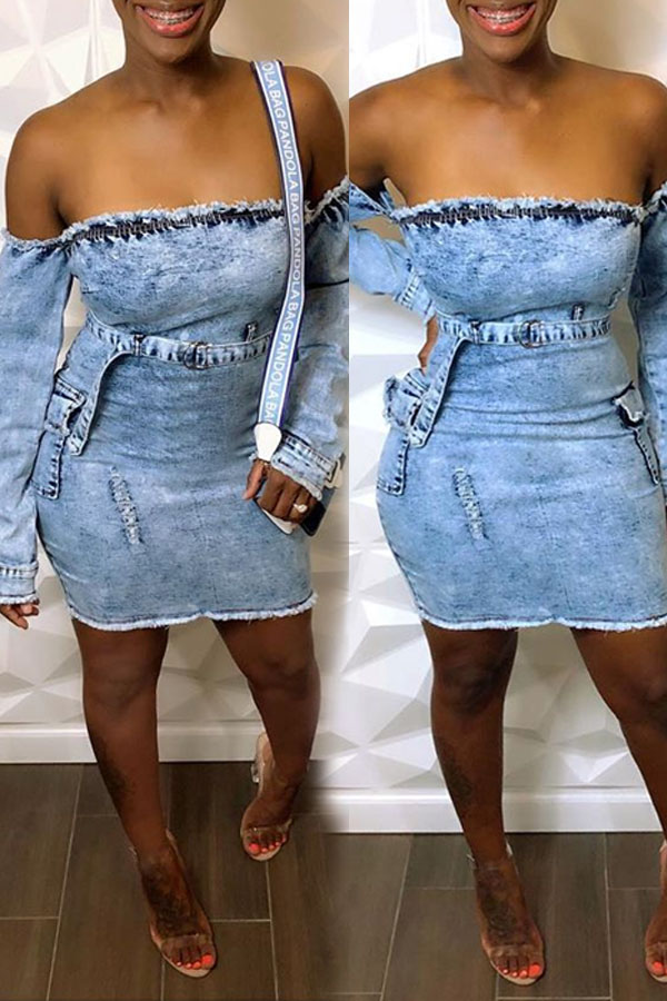 

Lovely Trendy Dew Shoulder Blue Mini Dress