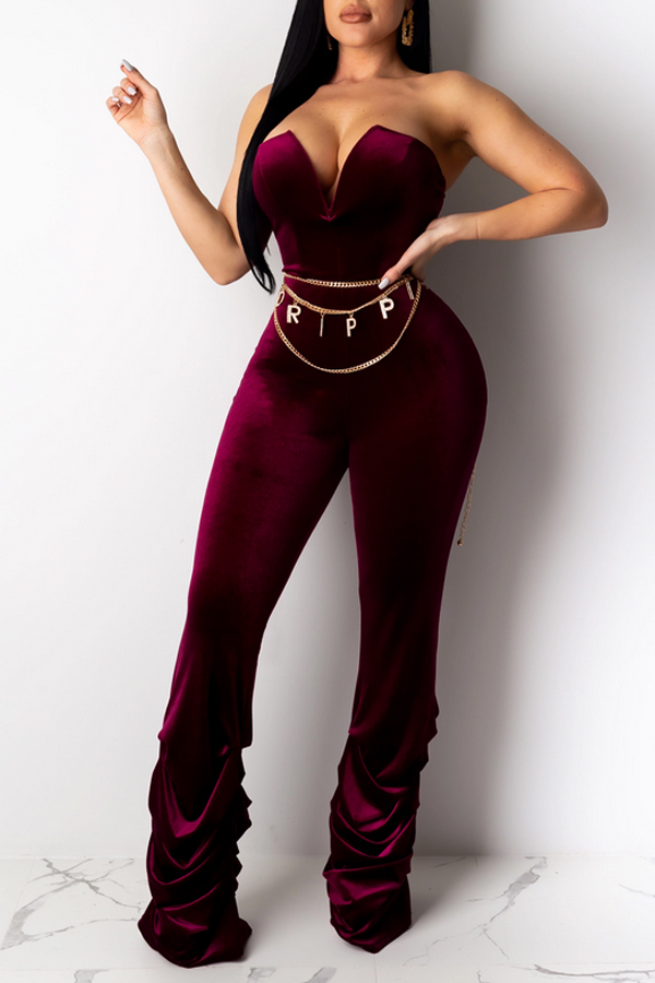 

Lovely Casual Ruffle Design Wine Red One-piece Jumpsuit