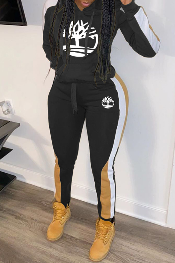 

Lovely Casual Hooded Collar Printed Black Two-piece Pants Set