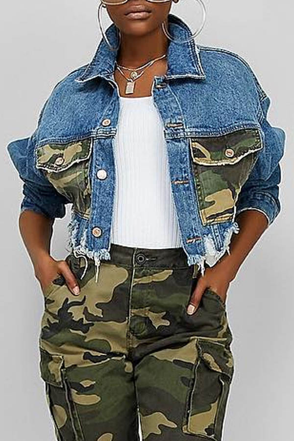 Cheap Coat&Jacket Lovely Casual Camouflage Printed Patchwork Blue Coat