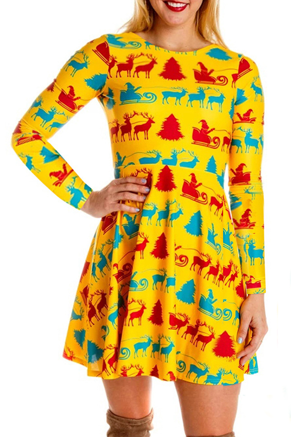 Cheap Dress Lovely Christmas Day Printed Yellow Knee Length Dress