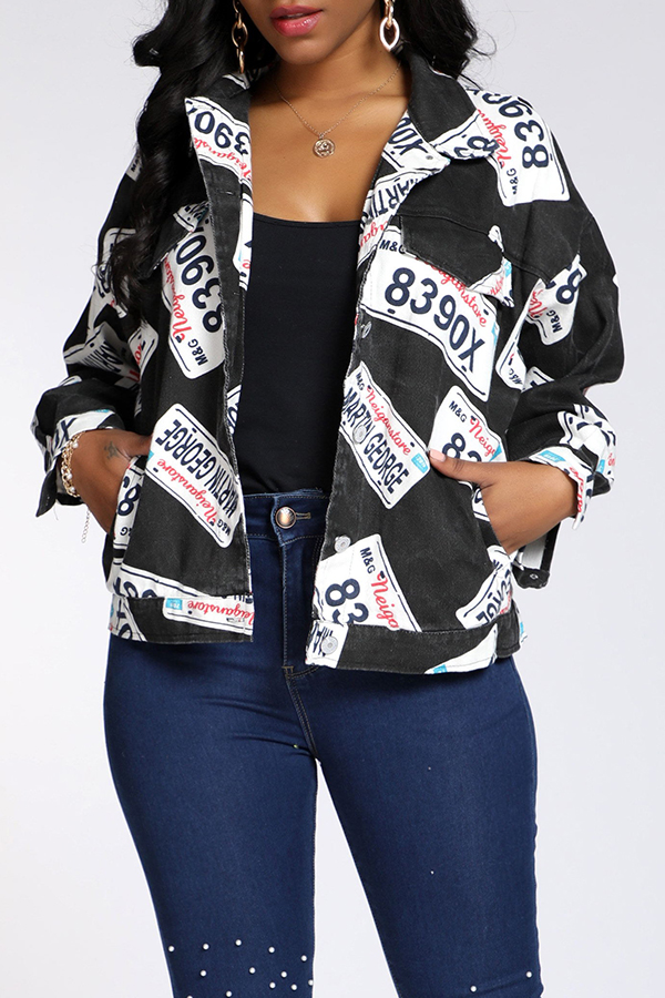 Lovely Trendy Letter Printed Black Coat
