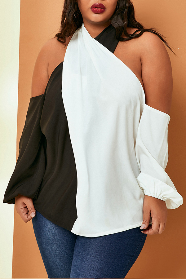 

Lovely Casual Patchwork Black And White Plus Size Blouse