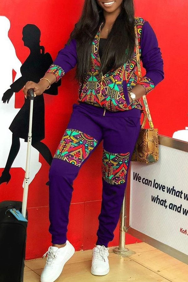 

Lovely Casual Patchwork Printed Purple Two-piece Pants Set