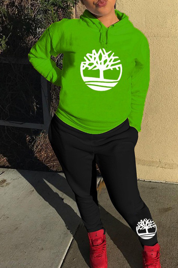 

Lovely Casual Hooded Collar Printed Green Two-piece Pants Set