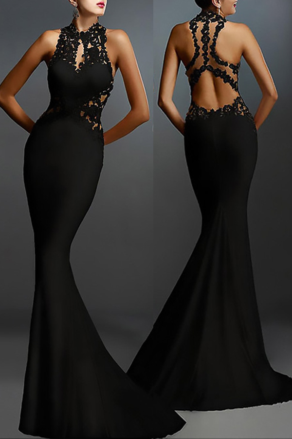 

Lovely Party Hollow-out Black Trailing Evening Dress