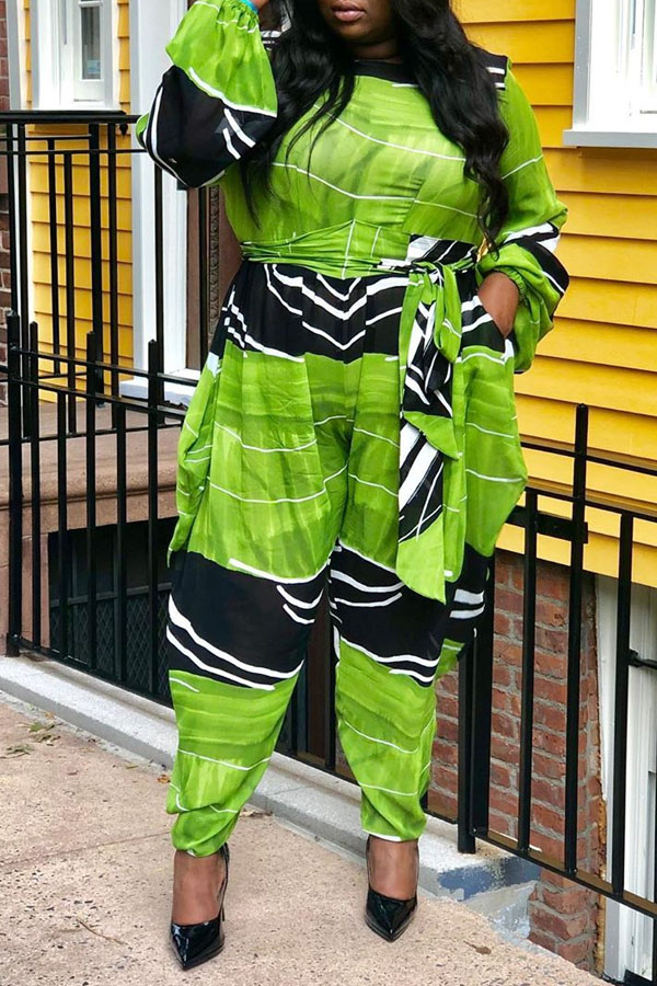 Cheap Plus Size Jumpsuit Lovely Trendy Printed Green Plus Size One-pie