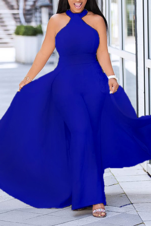

Lovely Trendy Patchwork Dew Shoulder Blue One-piece Jumpsuit