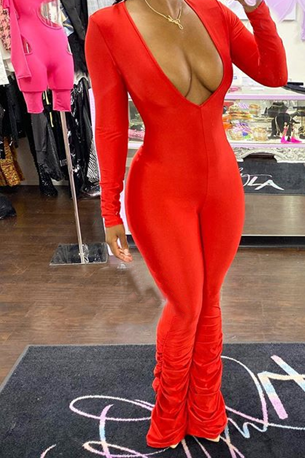 Cheap Jumpsuit Lovely Christmas Day Deep V Neck Red One-piece Jumpsuit