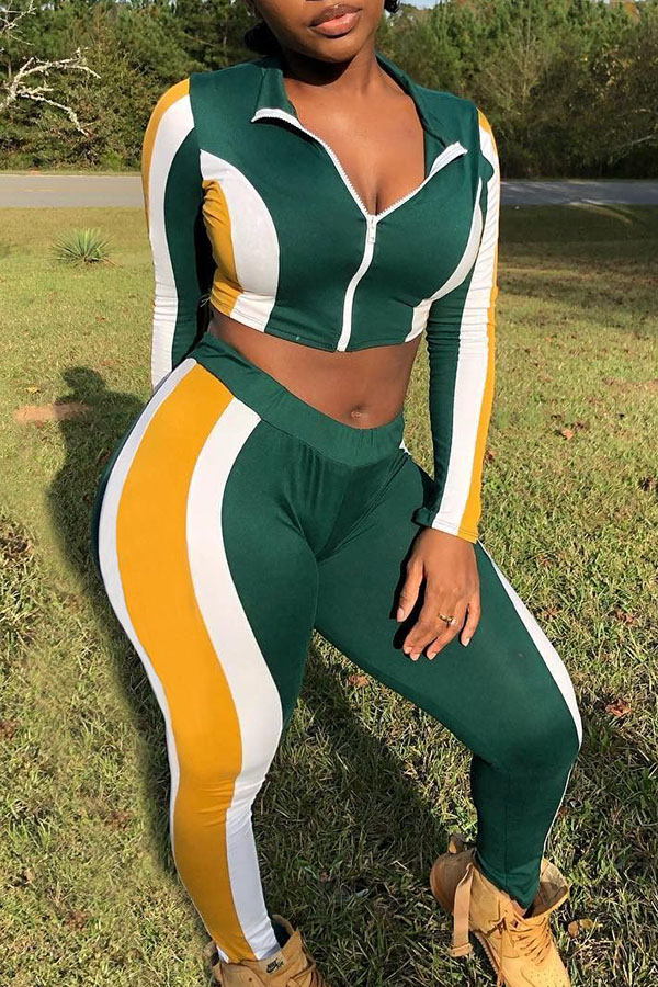 

Lovely Leisure Patchwork Green Two-piece Pants Set