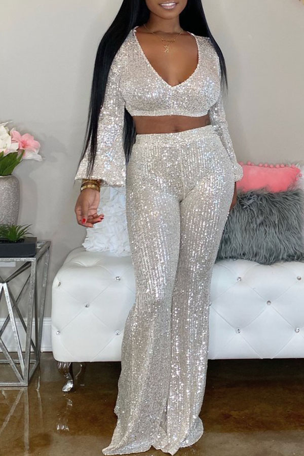 

Lovely Trendy Crop Top Silver Two-piece Pants Set