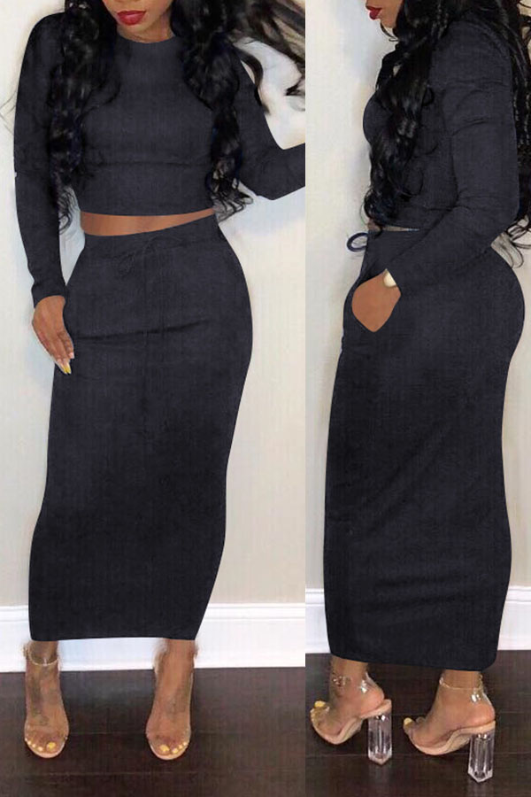 

Lovely Casual Skinny Basic Black Two-piece Skirt Set