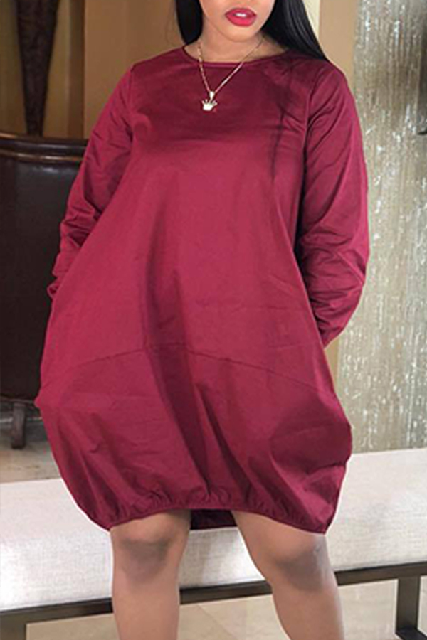 

Lovely Trendy O Neck Loose Wine Red Knee Length Dress