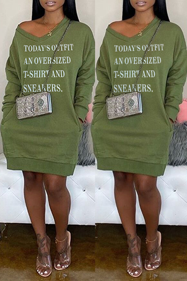 

Lovely Casual Letter Printed Army Green Mini Dress