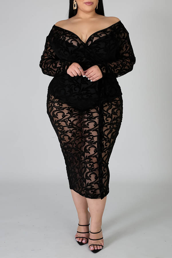 

Lovely Casual V Neck See-through Black Mid Calf Plus Size Dress