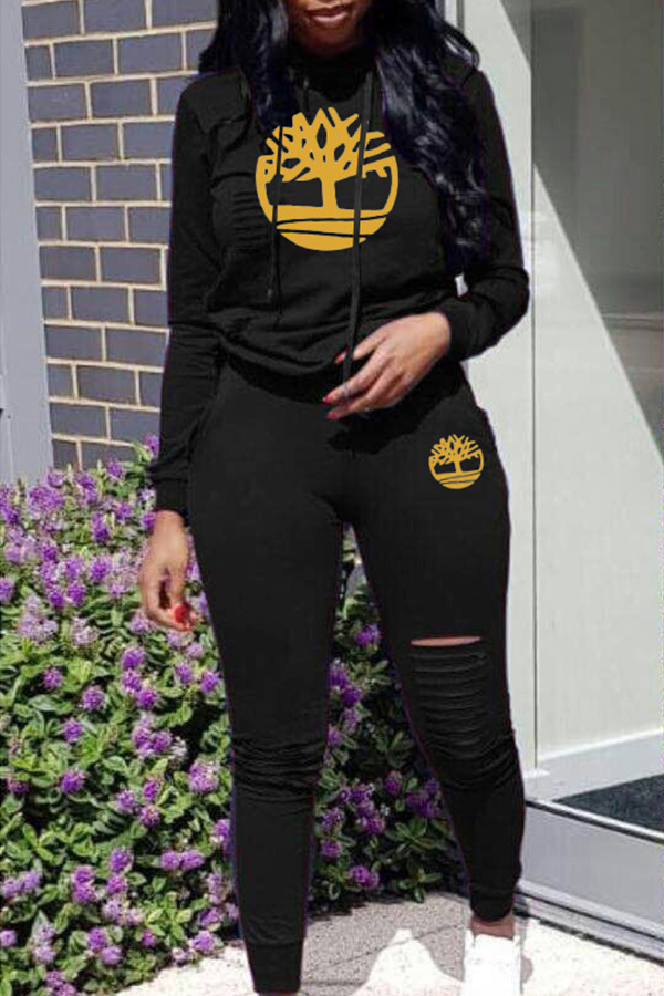 Lovely Trendy Hooded Collar Hollow-out Black Two-piece Pants Set