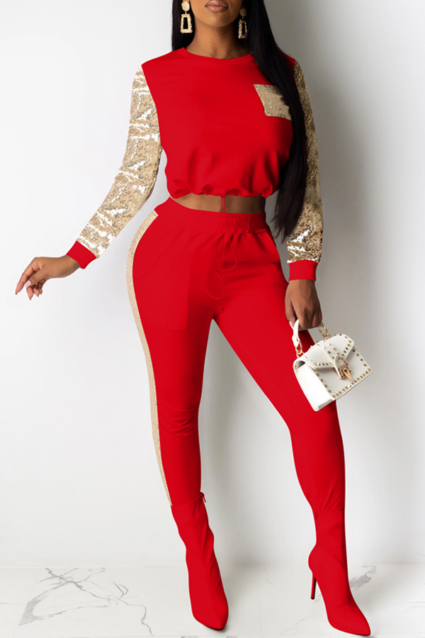 

Lovely Casual Patchwork Red Two-piece Pants Set