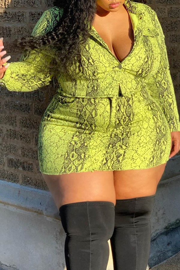 

Lovely Casual Printed Green Plus Size Two-piece Skirt Set