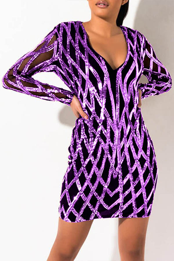 

Lovely Party V Neck Patchwork Purple Mini Dress