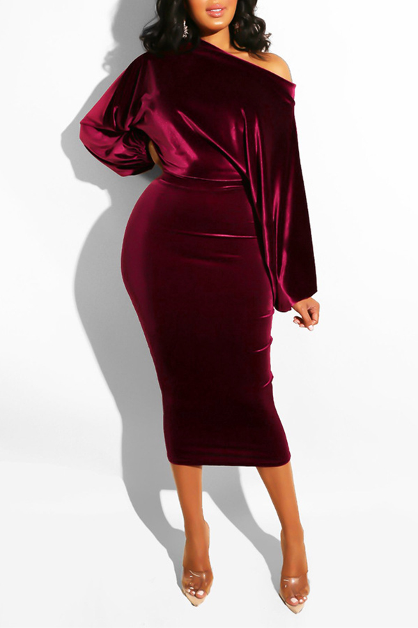 

Lovely Work Dew Shoulder Wine Red Mid Calf Dress