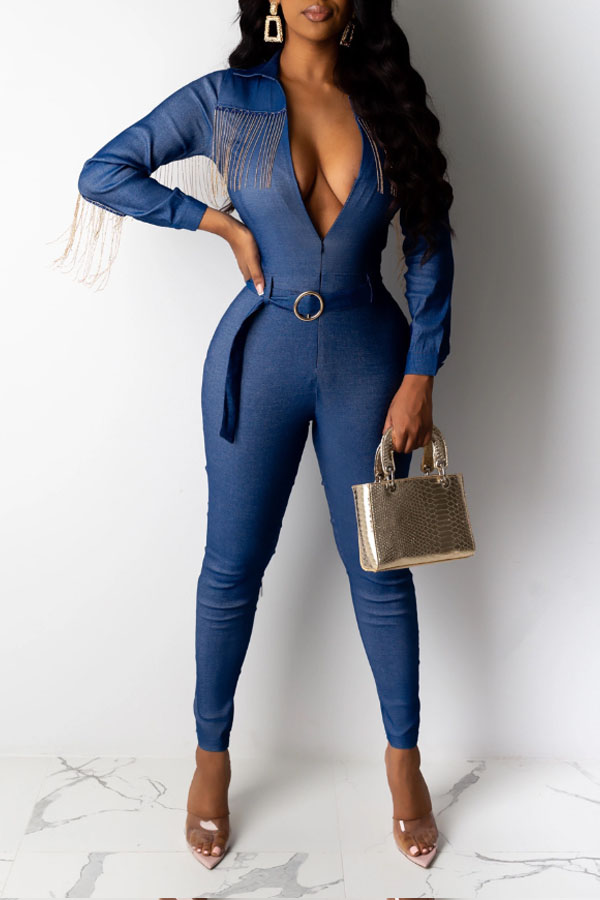 

Lovely Stylish Tassel Design Blue One-piece Jumpsuit(With Belt