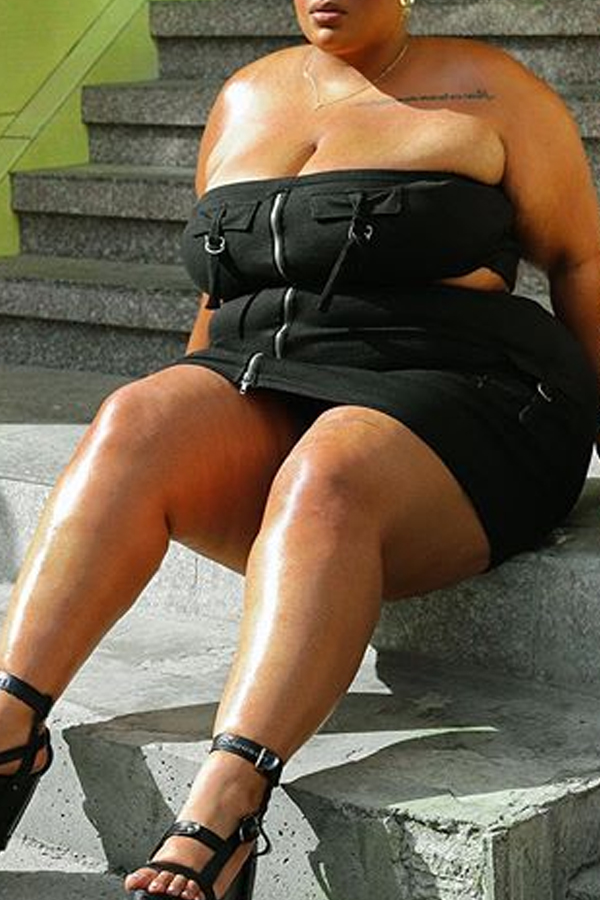 

Lovely Trendy Dew Shoulder Black Plus Size Two-piece Skirt Set