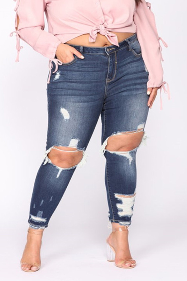 

Lovely Casual Hollow-out Deep Blue Plus Size Jeans