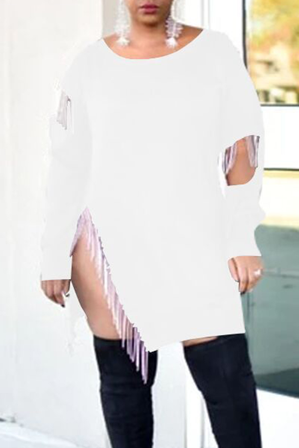 

Lovely Casual Tassel Design White Mini Dress