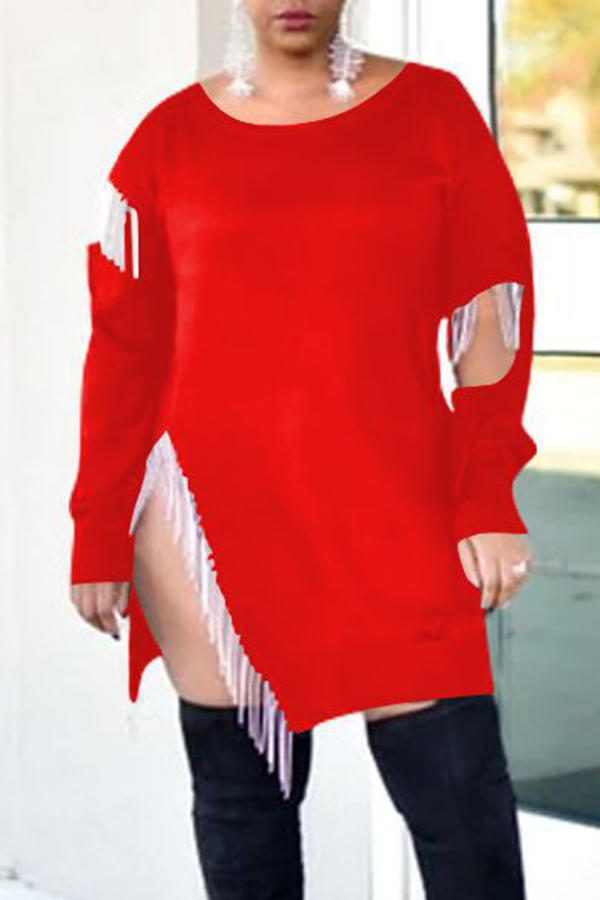 

Lovely Casual Tassel Design Red Mini Dress
