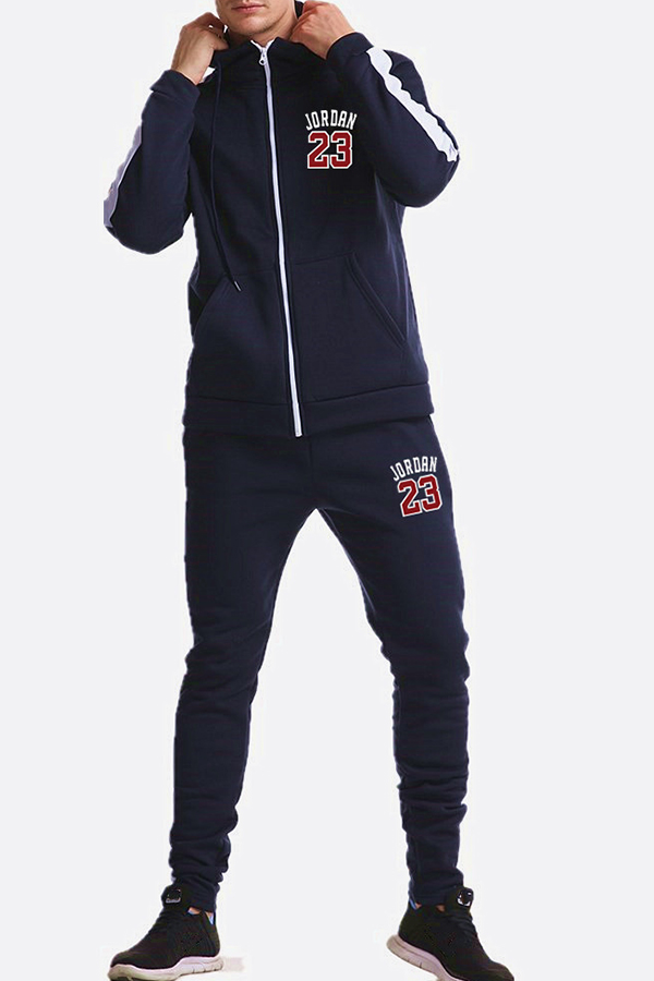 

Lovely Casual Hooded Collar Zipper Navy Blue Two-piece Pants Set