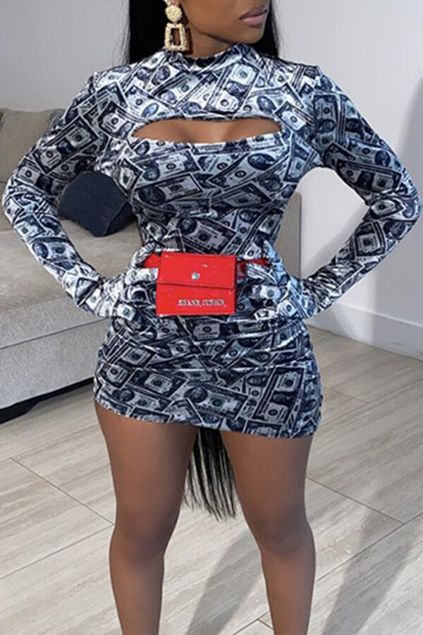 Lovely Casual Hollow-out Blue Mini Dress（Contains Gloves）