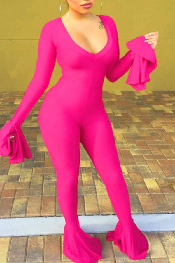 

Lovely Casual Flounce Design Rose Red One-piece Jumpsuit