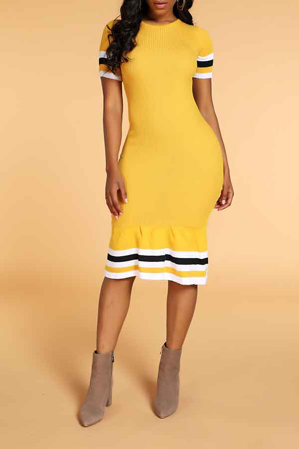 

Lovely Chic Striped Yellow Knee Length Dress