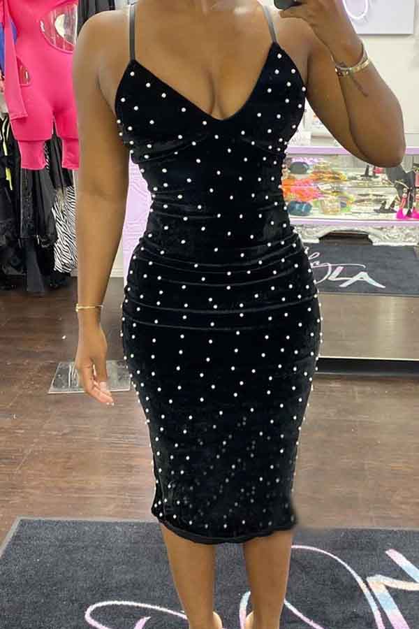 

Lovely Sweet Spaghetti Straps Dot Black Mid Calf Dress
