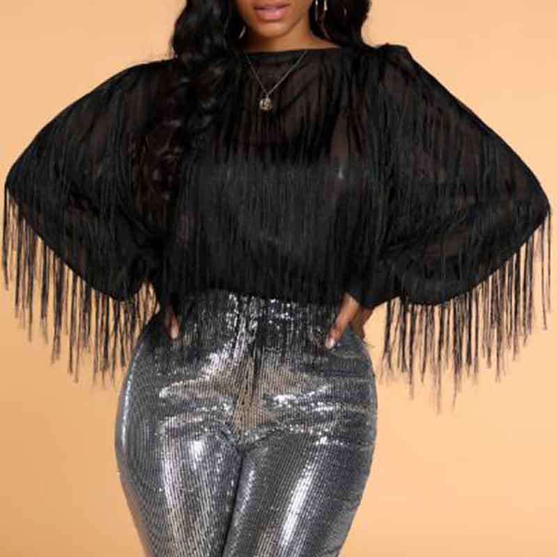 

Lovely Casual Tassel Design Black Blouse