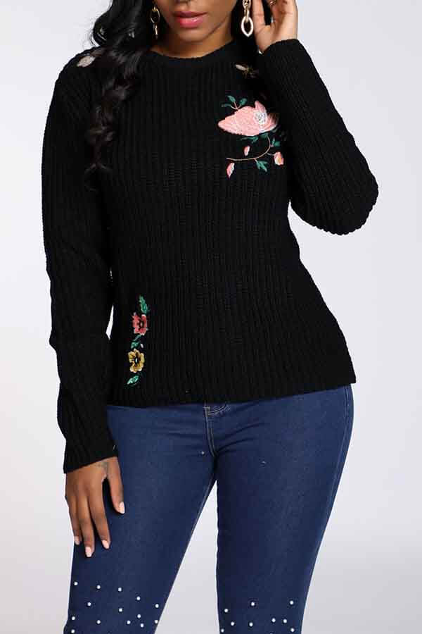 

Lovely Chic Embroidery Design Black Sweater