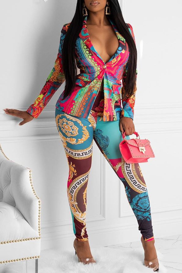

Lovely Party Turn-back Collar Print Green Two-piece Pants Set