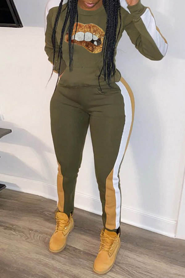 

Lovely Casual Lip Patchwork Green Two-piece Pants Set