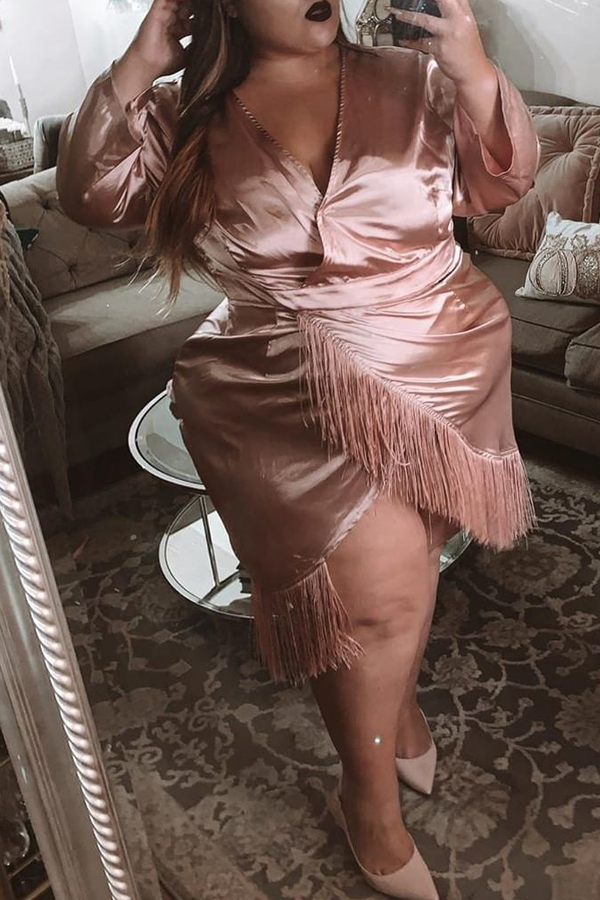 

Lovely Casual V Neck Tassel Design Champagne Plus Size Mini Dress