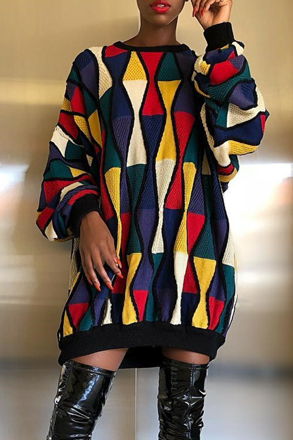 

Lovely Trendy O Neck Geometric Multicolor Mini Dress, Multi